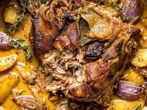 Apple Cider Braised Beef in a dutch oven with apples, red onions, and fresh herbs