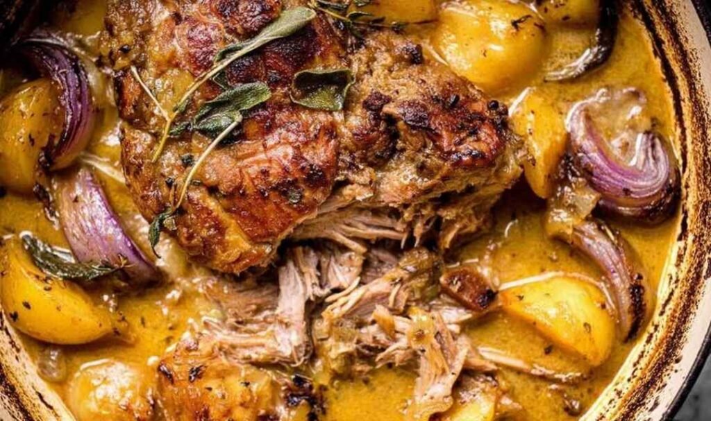 Apple Cider Braised Beef in a dutch oven with apples, red onions, and fresh herbs