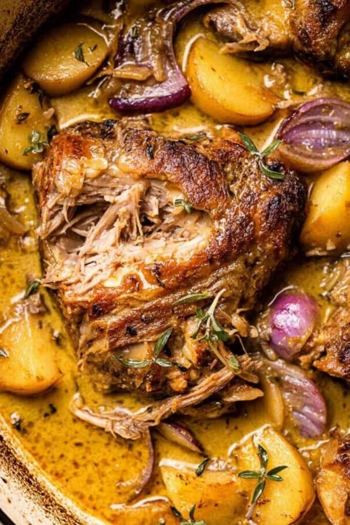 Apple Cider Braised Beef in a dutch oven with apples, red onions, and fresh herbs