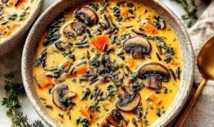 Autumn Wild Rice Soup Creamy Autumn Wild Rice Soup in a rustic bowl garnished with toasted pecans and fresh parsley