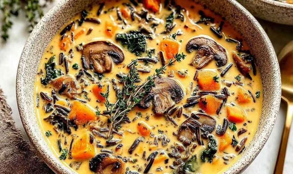 Creamy Autumn Wild Rice Soup in a rustic bowl garnished with toasted pecans and fresh parsley