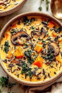 Creamy Autumn Wild Rice Soup in a rustic bowl garnished with toasted pecans and fresh parsley