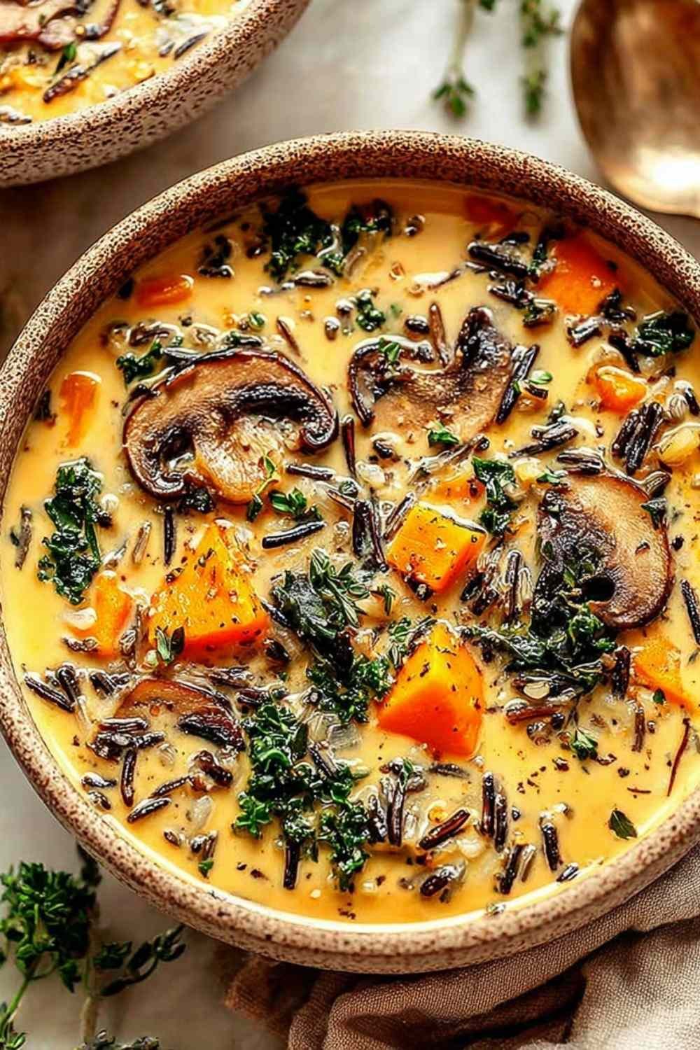 Creamy Autumn Wild Rice Soup in a rustic bowl garnished with toasted pecans and fresh parsley