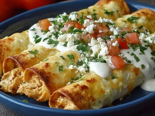 Baked cream cheese chicken taquitos on white platter with sour cream and salsa