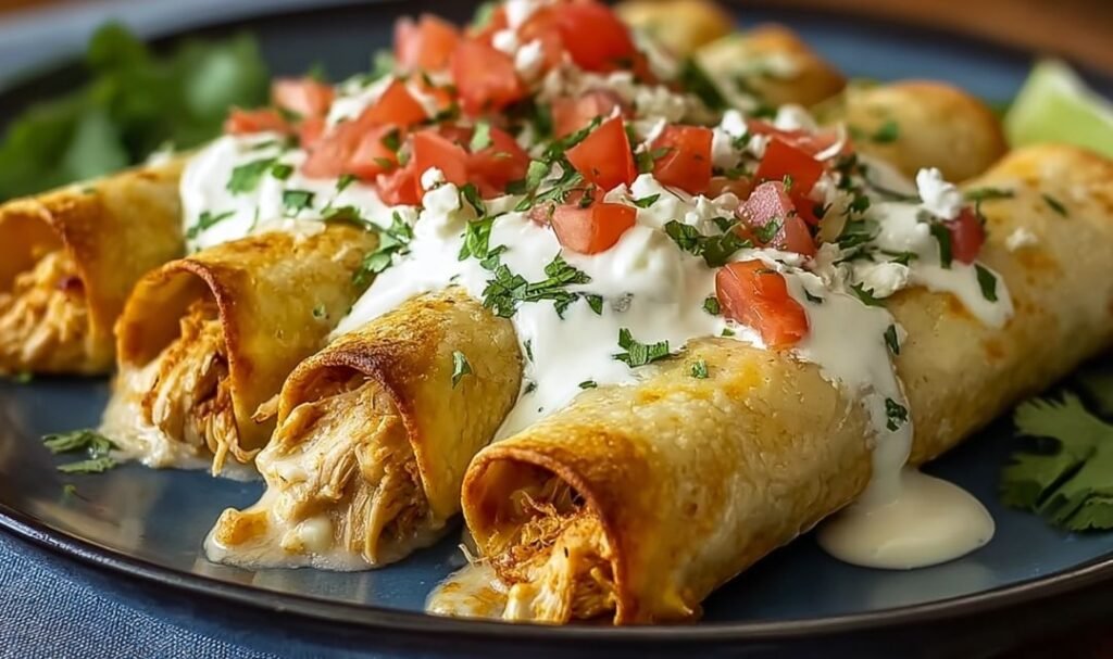 Baked cream cheese chicken taquitos on white platter with sour cream and salsa