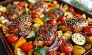 Balsamic glazed chicken and veggies on a sheet pan with caramelized coating and roasted vegetables