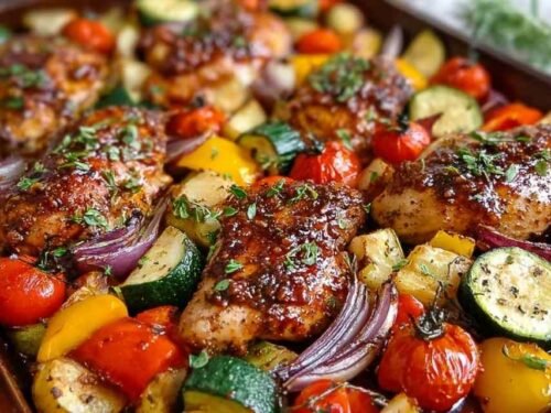 Balsamic glazed chicken and veggies on a sheet pan with caramelized coating and roasted vegetables