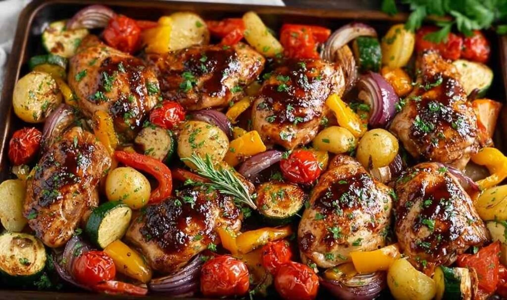 Balsamic glazed chicken and veggies on a sheet pan with caramelized coating and roasted vegetables