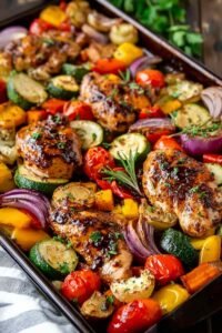 Balsamic glazed chicken and veggies on a sheet pan with caramelized coating and roasted vegetables
