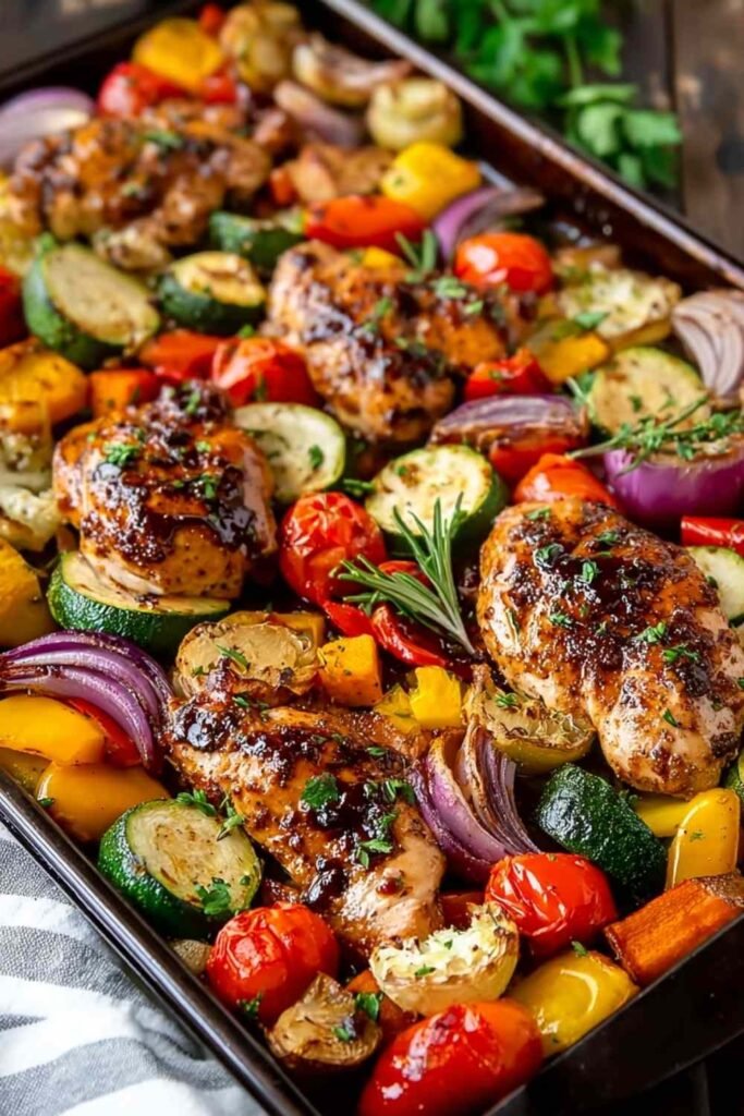 Balsamic glazed chicken and veggies on a sheet pan with caramelized coating and roasted vegetables