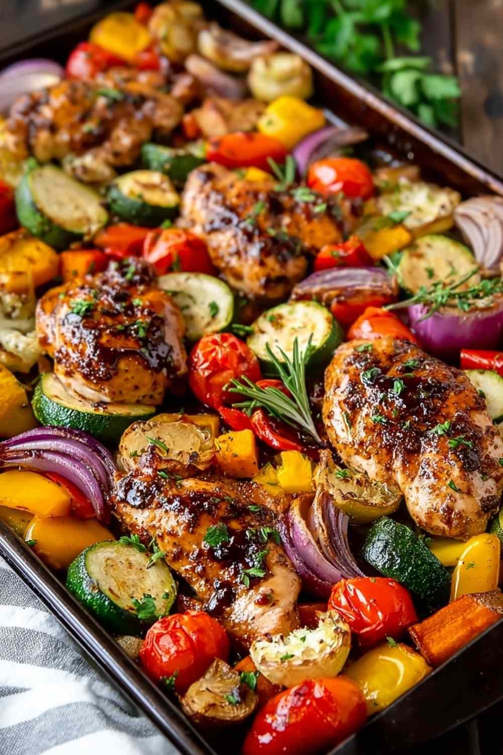 Balsamic glazed chicken and veggies on a sheet pan with caramelized coating and roasted vegetables