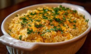 Cheesy chicken and rice casserole in 9x13 baking dish with melted golden cheddar cheese topping
