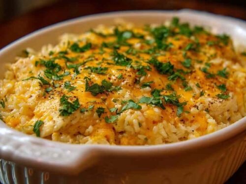 Cheesy chicken and rice casserole in 9x13 baking dish with melted golden cheddar cheese topping