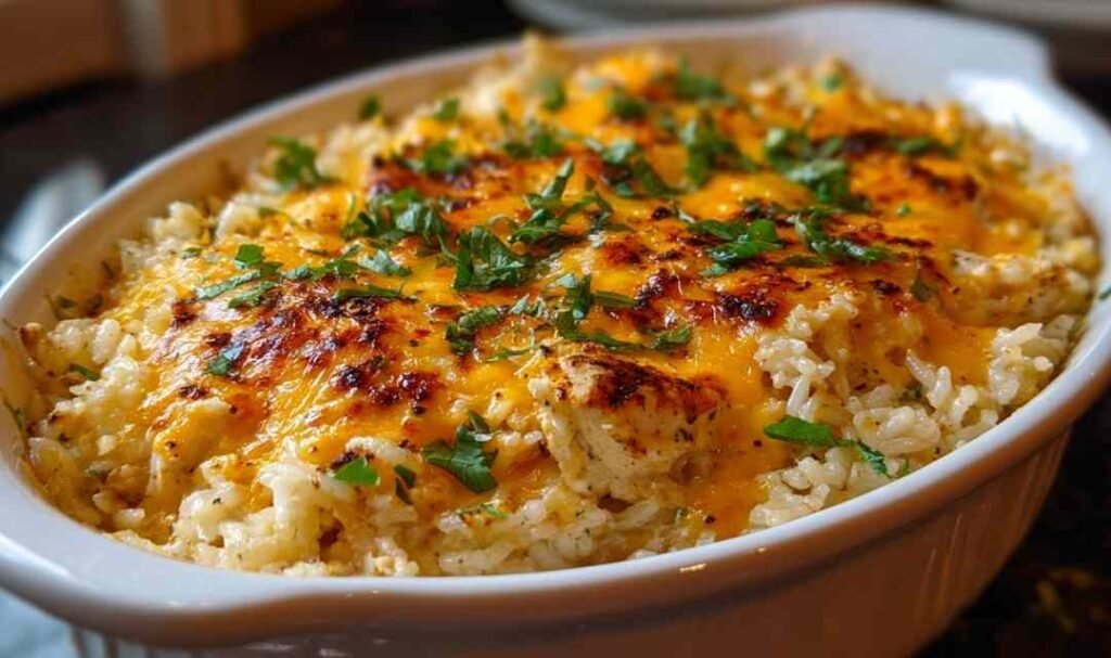 Cheesy chicken and rice casserole in 9x13 baking dish with melted golden cheddar cheese topping