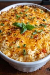 Cheesy chicken and rice casserole in 9x13 baking dish with melted golden cheddar cheese topping