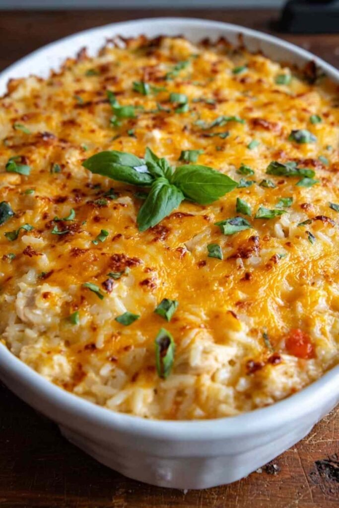 Cheesy chicken and rice casserole in 9x13 baking dish with melted golden cheddar cheese topping