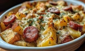 Cheesy Ranch Potatoes and Smoked Sausage Recipe Plate of Cheesy Ranch Potatoes and Smoked Sausage with melted cheddar cheese and fresh parsley