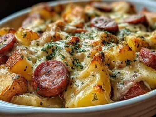 Plate of Cheesy Ranch Potatoes and Smoked Sausage with melted cheddar cheese and fresh parsley