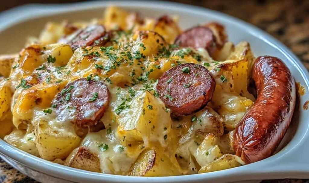 Plate of Cheesy Ranch Potatoes and Smoked Sausage with melted cheddar cheese and fresh parsley
