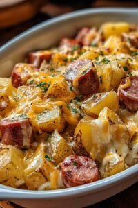 Plate of Cheesy Ranch Potatoes and Smoked Sausage with melted cheddar cheese and fresh parsley