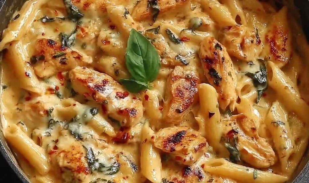Creamy chicken mozzarella pasta in a large skillet with fresh basil and Parmesan