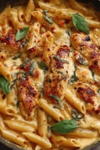 Creamy chicken mozzarella pasta in a large skillet with fresh basil and Parmesan