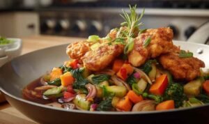 Chicken with Mixed Vegetable Stir Fry served over steamed white rice with broccoli, carrots, and bell pepper coated in savory brown sauce