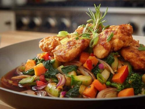 Chicken with Mixed Vegetable Stir Fry served over steamed white rice with broccoli, carrots, and bell pepper coated in savory brown sauce