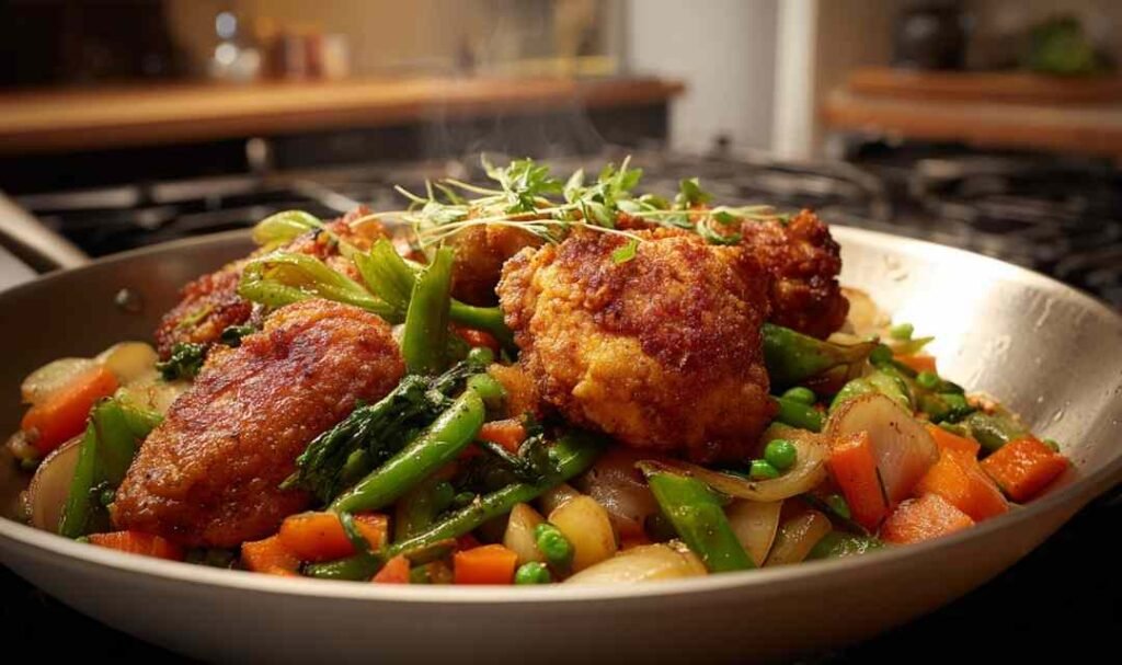 Chicken with Mixed Vegetable Stir Fry served over steamed white rice with broccoli, carrots, and bell pepper coated in savory brown sauce