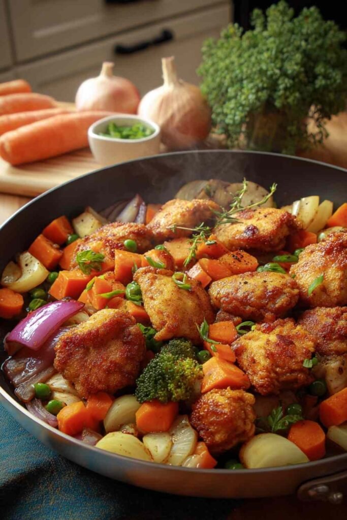 Chicken with Mixed Vegetable Stir Fry served over steamed white rice with broccoli, carrots, and bell pepper coated in savory brown sauce