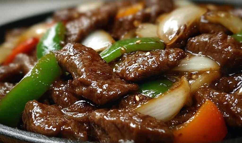 A bowl of Chinese Pepper Steak with Onions served over steamed jasmine rice with a glossy savory soy and hoisin sauce