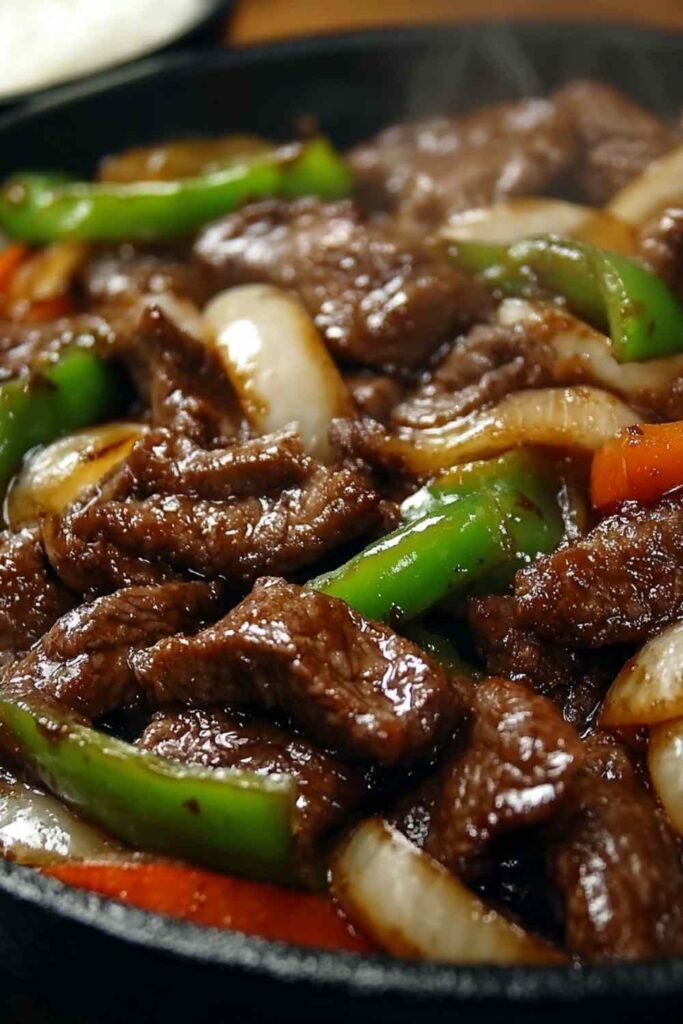 A bowl of Chinese Pepper Steak with Onions served over steamed jasmine rice with a glossy savory soy and hoisin sauce