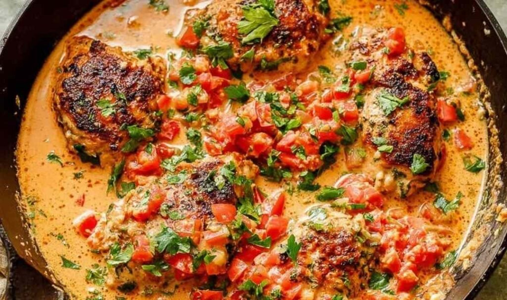 Homemade Chicken Marsala with creamy Marsala wine sauce and mushrooms served in a cast iron skillet