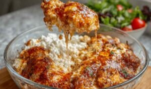 Cottage cheese chicken parm bowl with melted mozzarella crispy chicken nuggets and marinara sauce