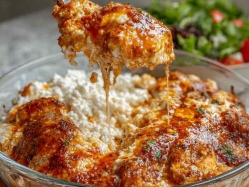 Cottage cheese chicken parm bowl with melted mozzarella crispy chicken nuggets and marinara sauce