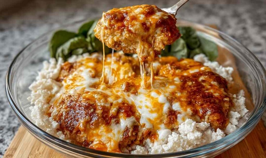 Cottage cheese chicken parm bowl with melted mozzarella crispy chicken nuggets and marinara sauce