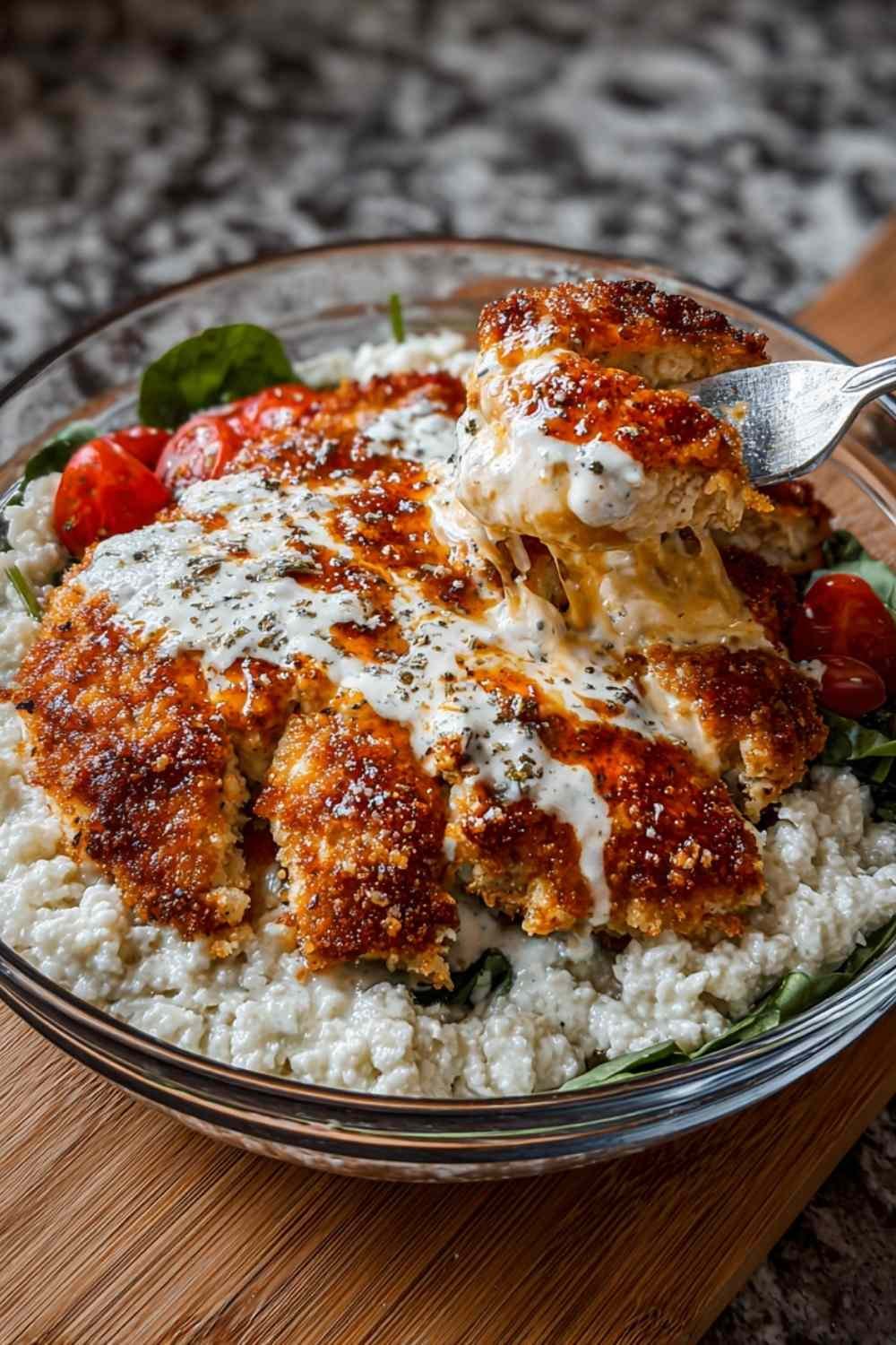 Cottage cheese chicken parm bowl with melted mozzarella crispy chicken nuggets and marinara sauce