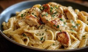 Creamy Cajun chicken pasta in skillet with sliced seasoned chicken and penne coated in rich cream sauce