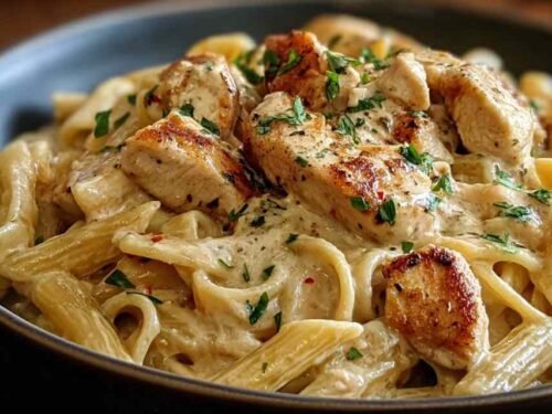 Creamy Cajun chicken pasta in skillet with sliced seasoned chicken and penne coated in rich cream sauce