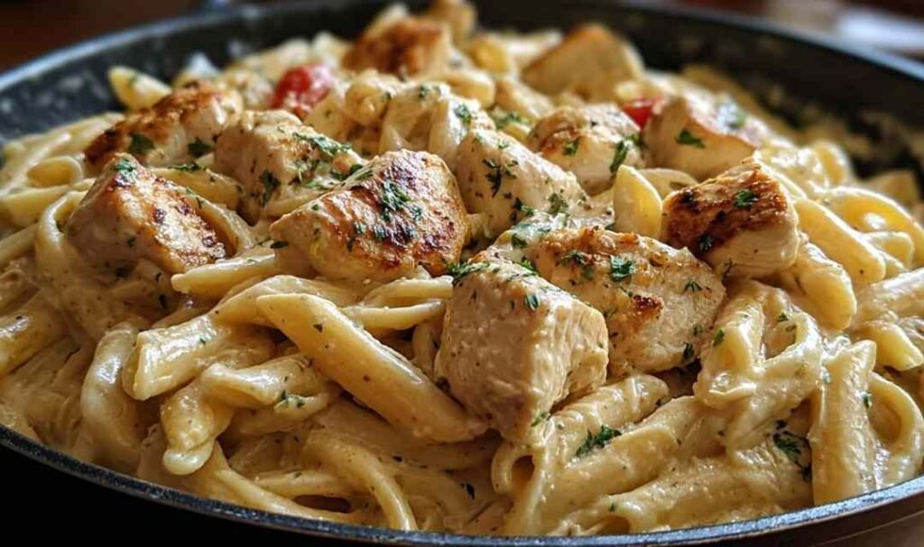 Creamy Cajun chicken pasta in skillet with sliced seasoned chicken and penne coated in rich cream sauce