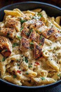 Creamy Cajun chicken pasta in skillet with sliced seasoned chicken and penne coated in rich cream sauce