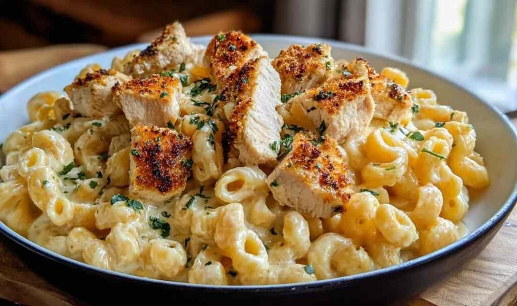 Creamy chicken mac and cheese in skillet with golden chicken and melted cheddar sauce