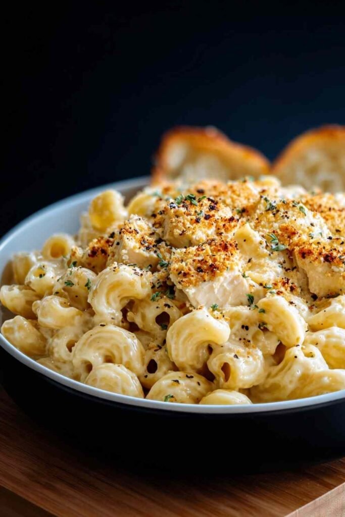Creamy chicken mac and cheese in skillet with golden chicken and melted cheddar sauce