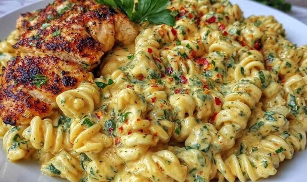 Creamy garlic Parmesan chicken pasta in a skillet topped with fresh parsley and extra Parmesan cheese