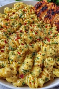 Creamy garlic Parmesan chicken pasta in a skillet topped with fresh parsley and extra Parmesan cheese