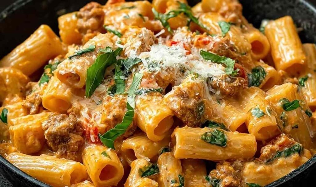 Creamy Italian sausage rigatoni in a white bowl topped with Parmesan and fresh basil