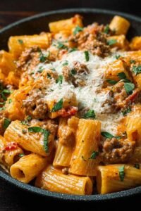 Creamy Italian sausage rigatoni in a white bowl topped with Parmesan and fresh basil