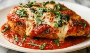 Easy baked ricotta chicken with golden bubbly Parmesan topping in a white baking dish