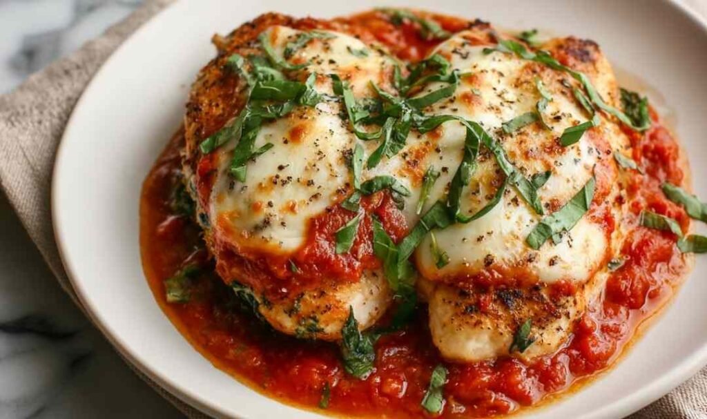 Easy baked ricotta chicken with golden bubbly Parmesan topping in a white baking dish