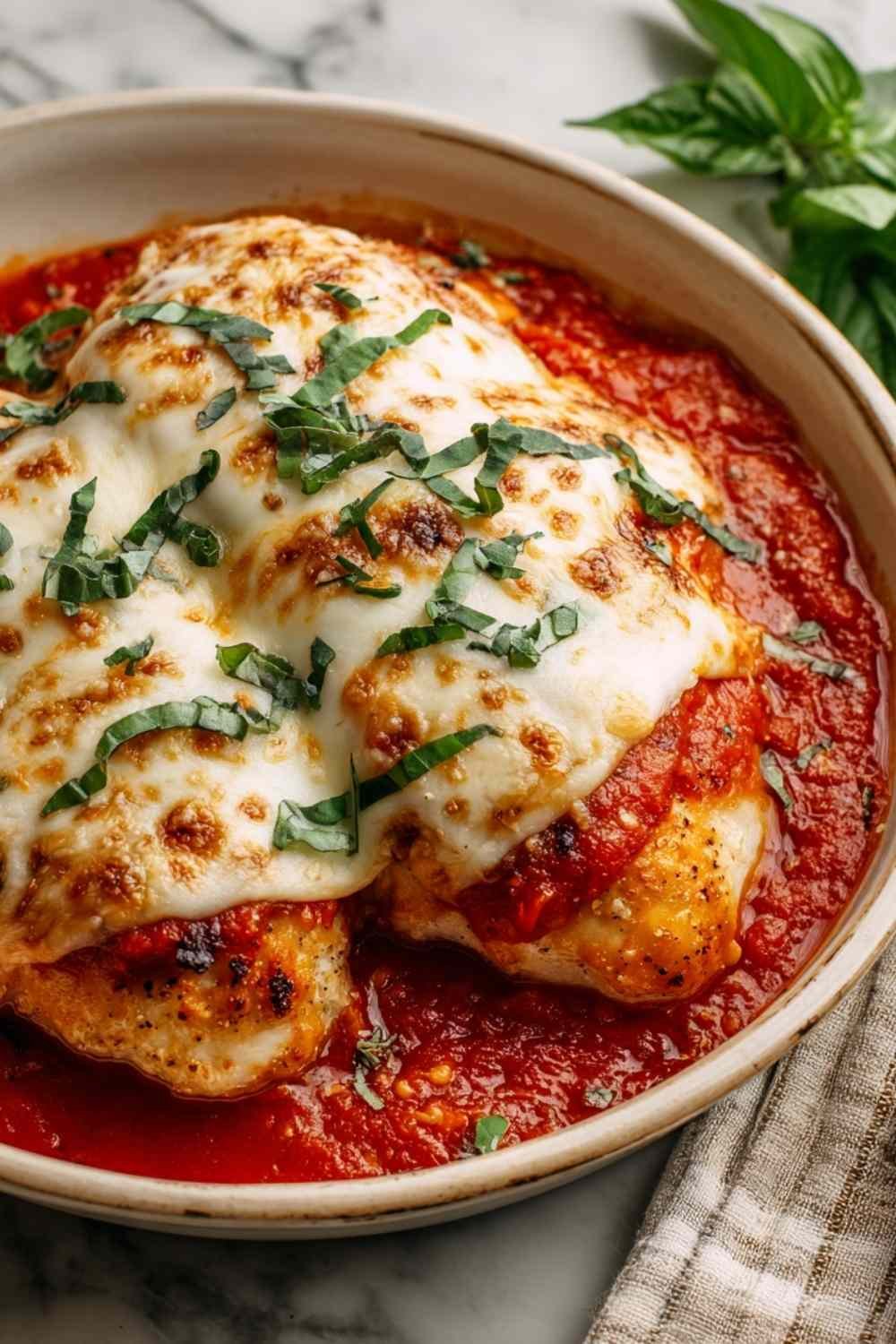 Easy baked ricotta chicken with golden bubbly Parmesan topping in a white baking dish